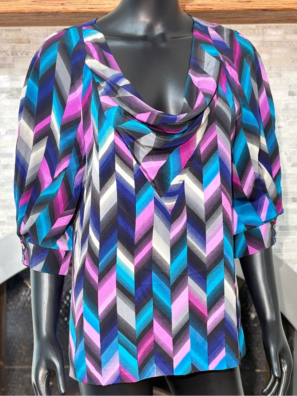 Trina Turk Silk Chevron Cowl Neck Blouse Multicolor 3/4 Sleeve